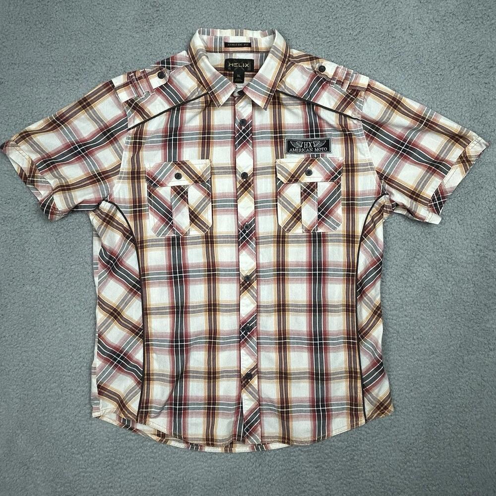 Helix Men’s XL Short Sleeve Plaid Flannel Shirt HX American Moto Athletic Fit